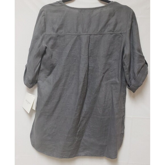 Women’s Ellen Tracy Gray 100% Linen Roll Tab Sleeve Zipper Front Blouse Sz S NWT - Picture 2 of 14